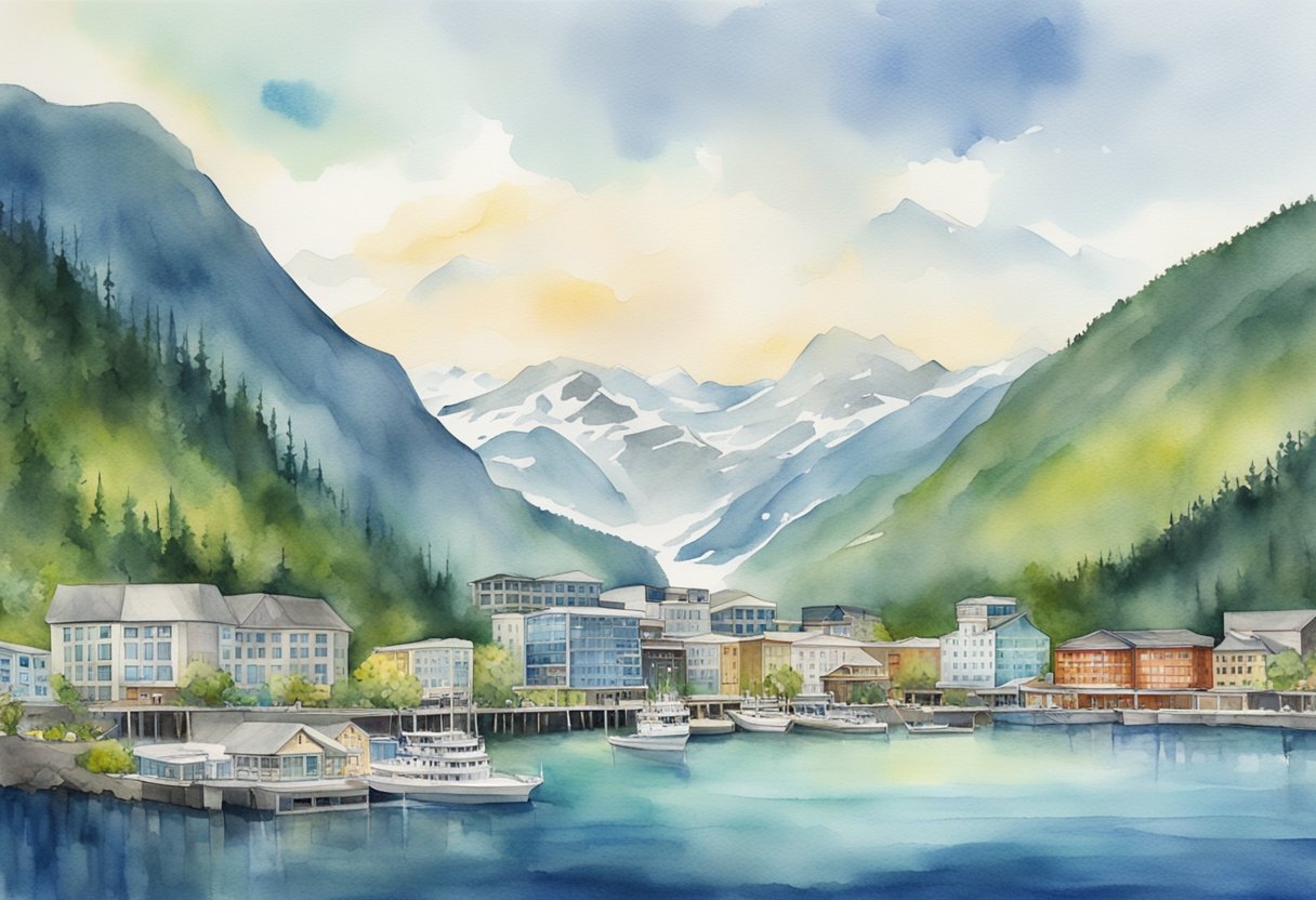 A scenic view of Juneau, AK with a mix of residential and commercial properties, surrounded by mountains and water, showcasing the potential for real estate investing