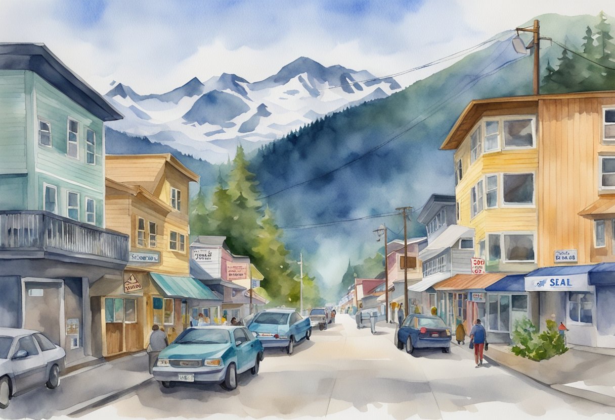 A bustling Juneau street with "For Sale" signs on houses, a busy real estate office, and a scenic backdrop of mountains and water