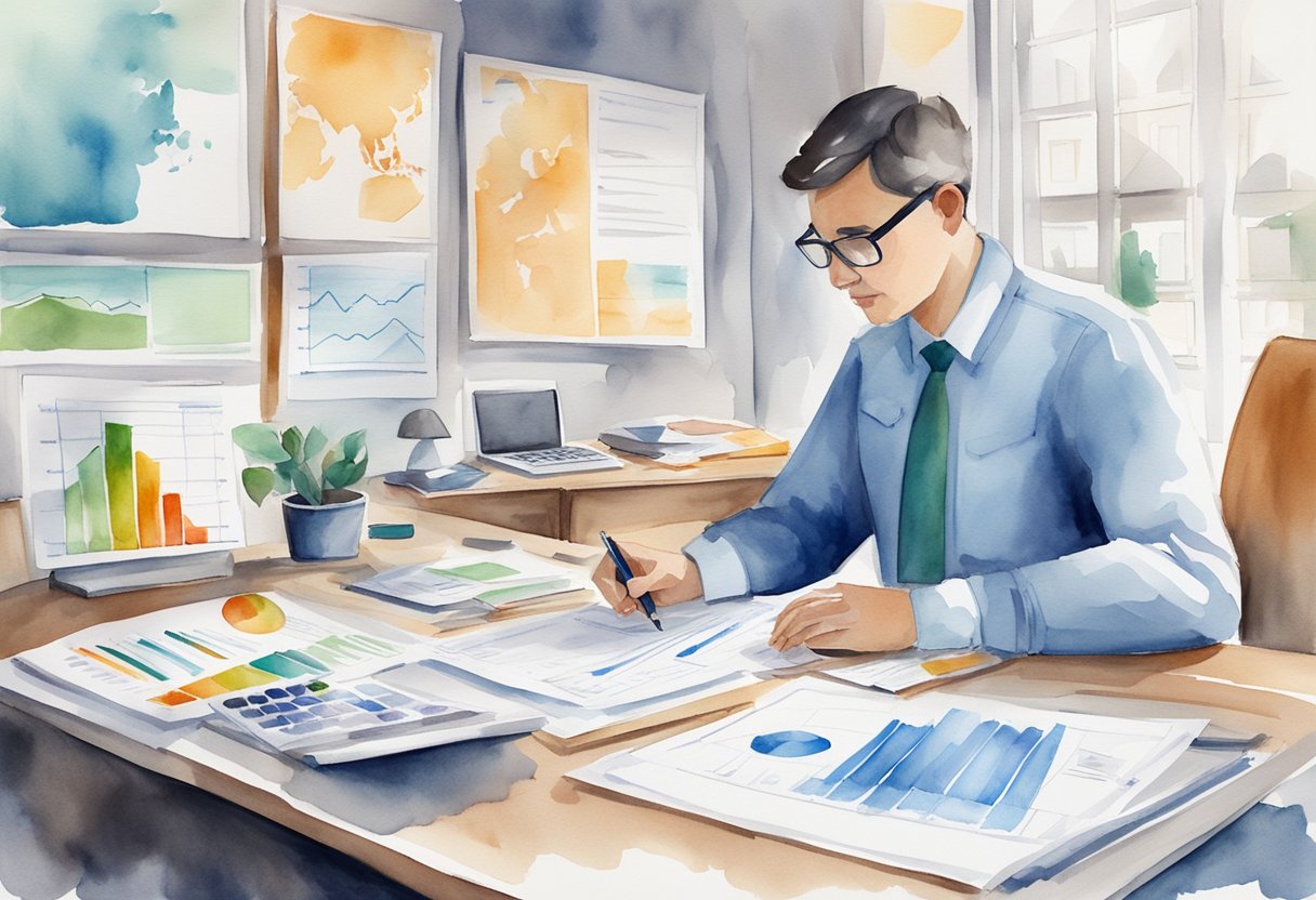 A person sitting at a desk, surrounded by charts, graphs, and financial documents. They are calculating and budgeting for real estate investments in Juneau, AK