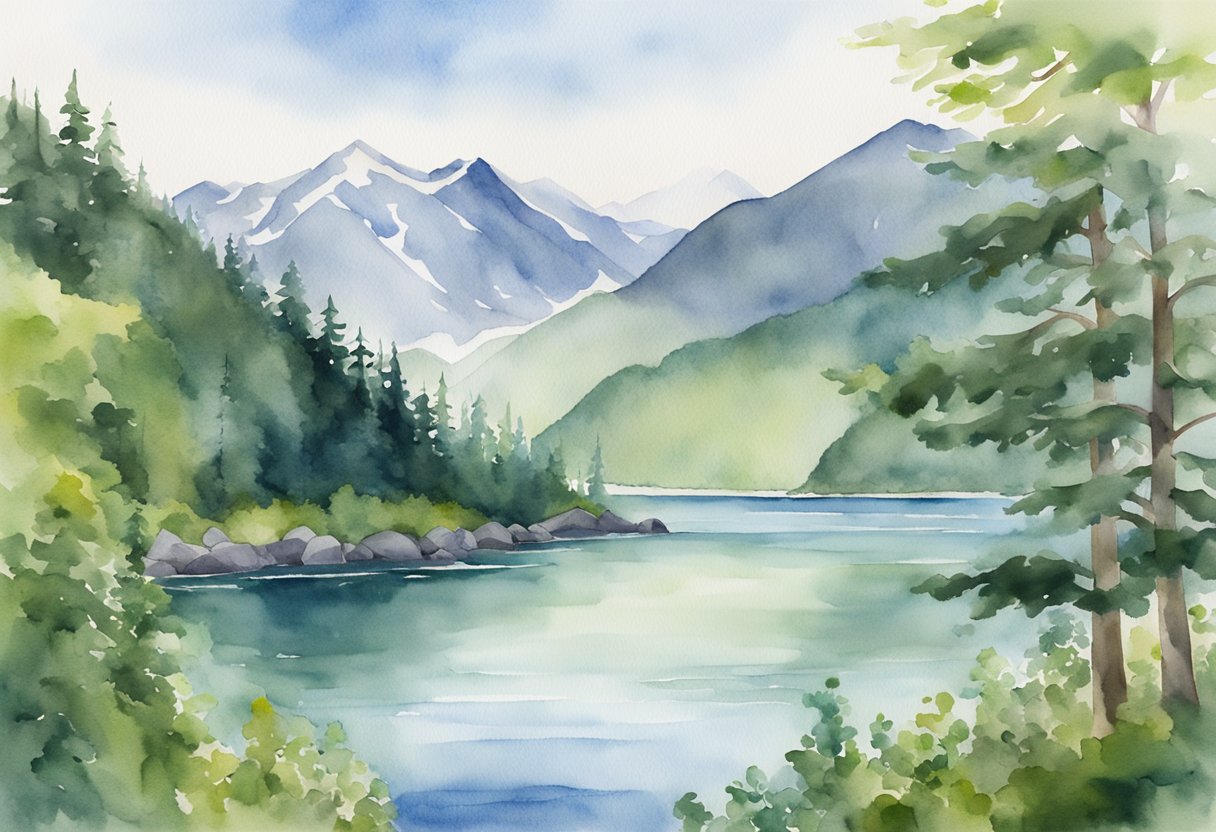 A picturesque landscape in Juneau, AK, with mountains, water, and lush greenery. A small town nestled among the natural beauty, showcasing potential real estate opportunities