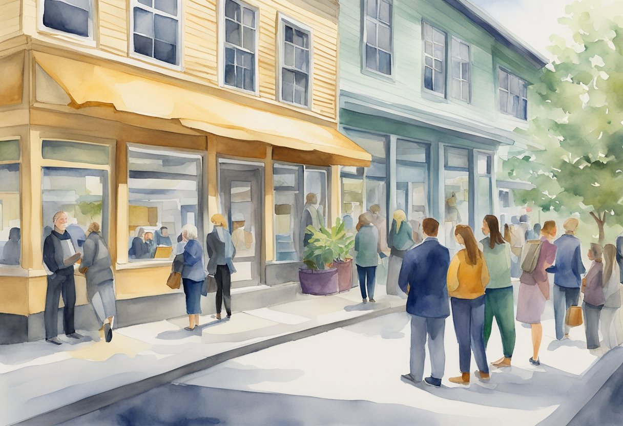 A bustling real estate office in Juneau, AK, with agents discussing investment opportunities and clients browsing property listings