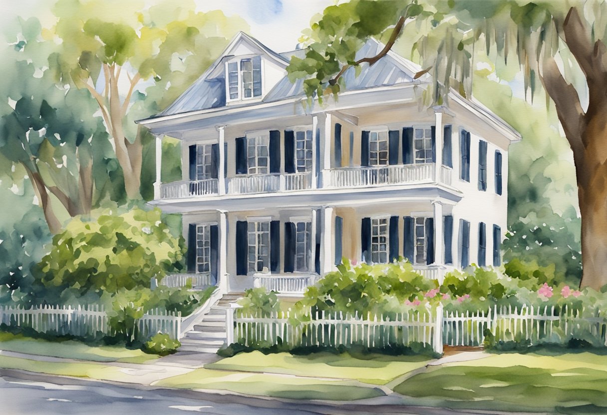 A charming historic home in Charleston, SC with a "For Sale" sign in the front yard. The house is surrounded by lush greenery and is located in a desirable neighborhood