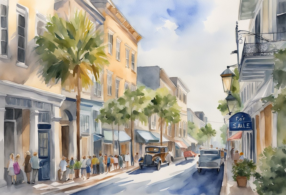 A bustling street in Charleston, SC with historic buildings and "For Sale" signs, showcasing the thriving real estate market