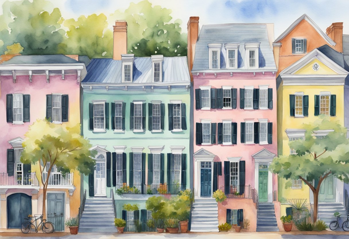 A panoramic view of Charleston's historic district with rows of colorful, well-preserved homes and cobblestone streets, reflecting the city's thriving real estate market