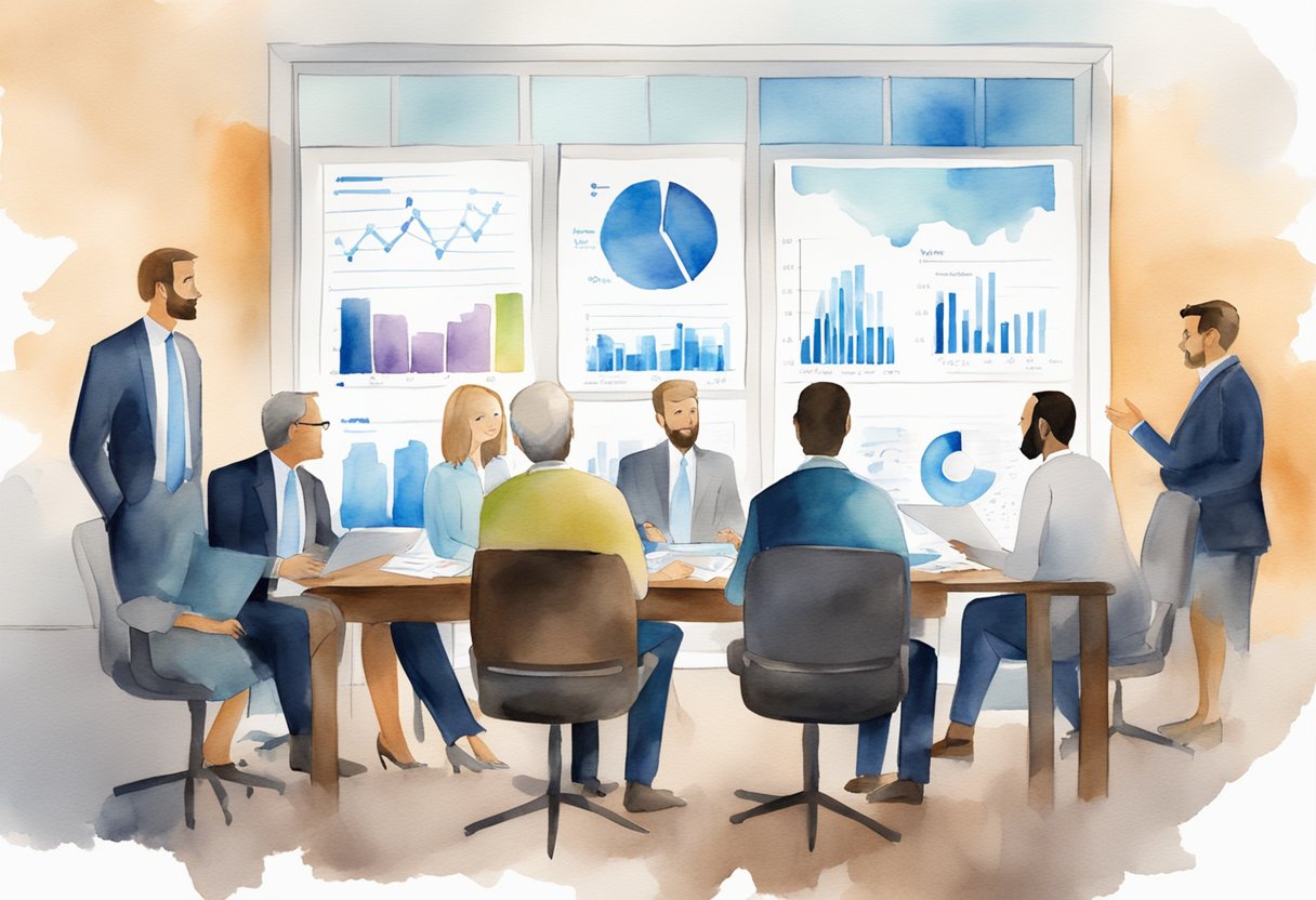 A group of professionals discussing real estate investments in Charleston, SC, with charts and graphs on a conference table