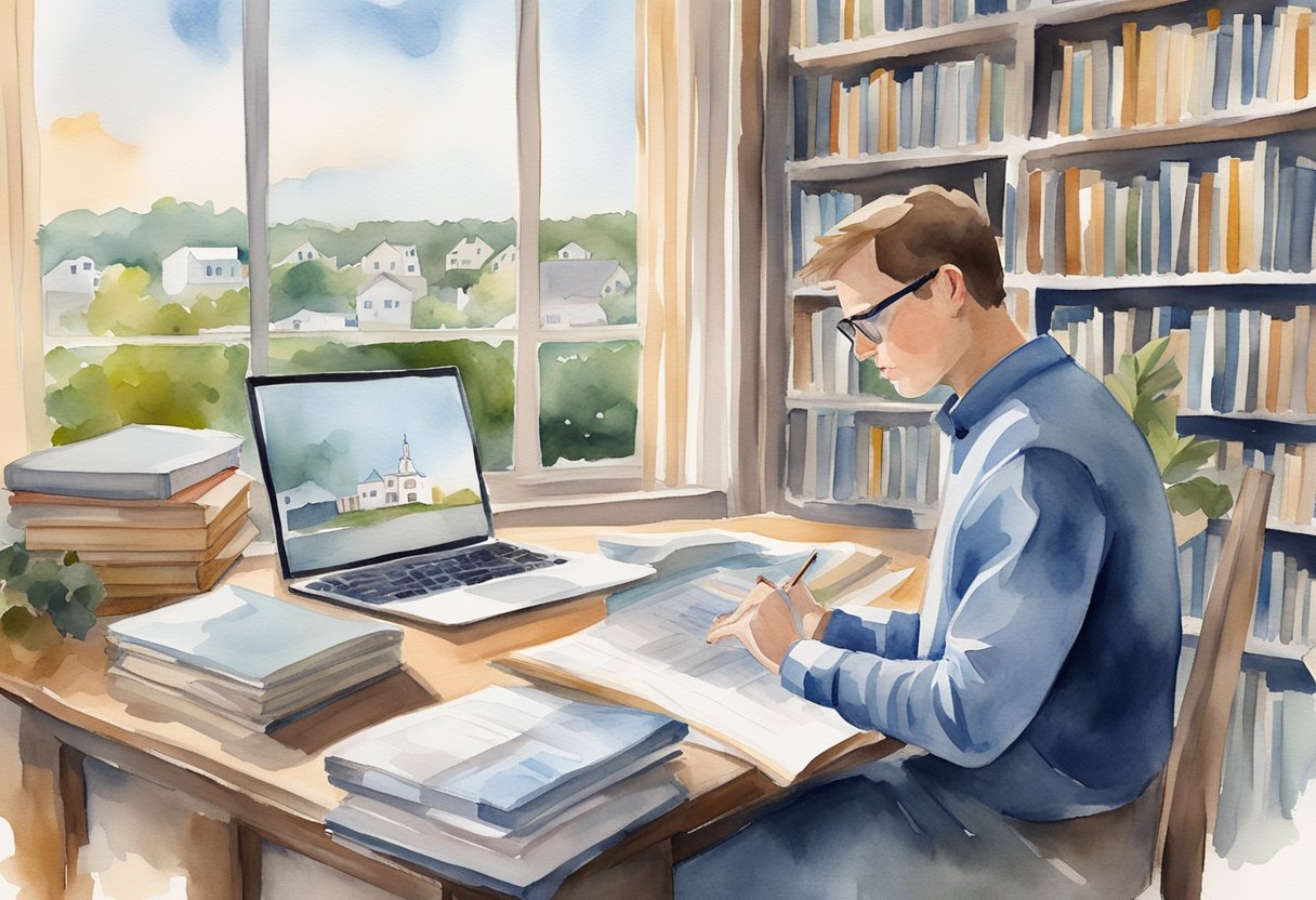 A person researching real estate in Charleston, SC, surrounded by books, a laptop, and charts