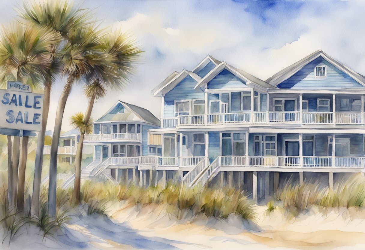 A beachfront property in Myrtle Beach, SC with a "For Sale" sign and a bustling boardwalk in the background