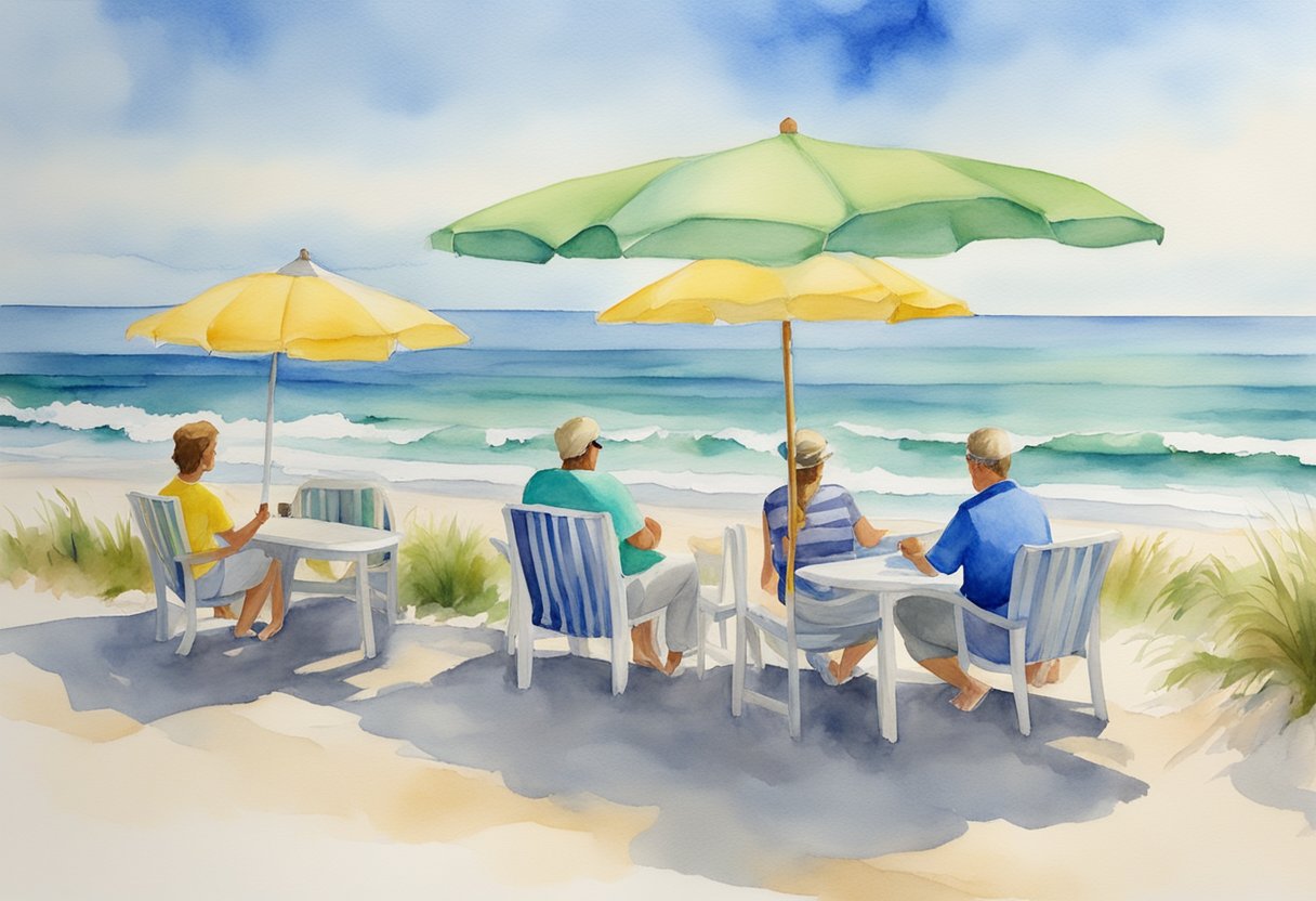 Potential buyers viewing beachfront properties in Myrtle Beach, signing contracts, and receiving keys to their new real estate investments