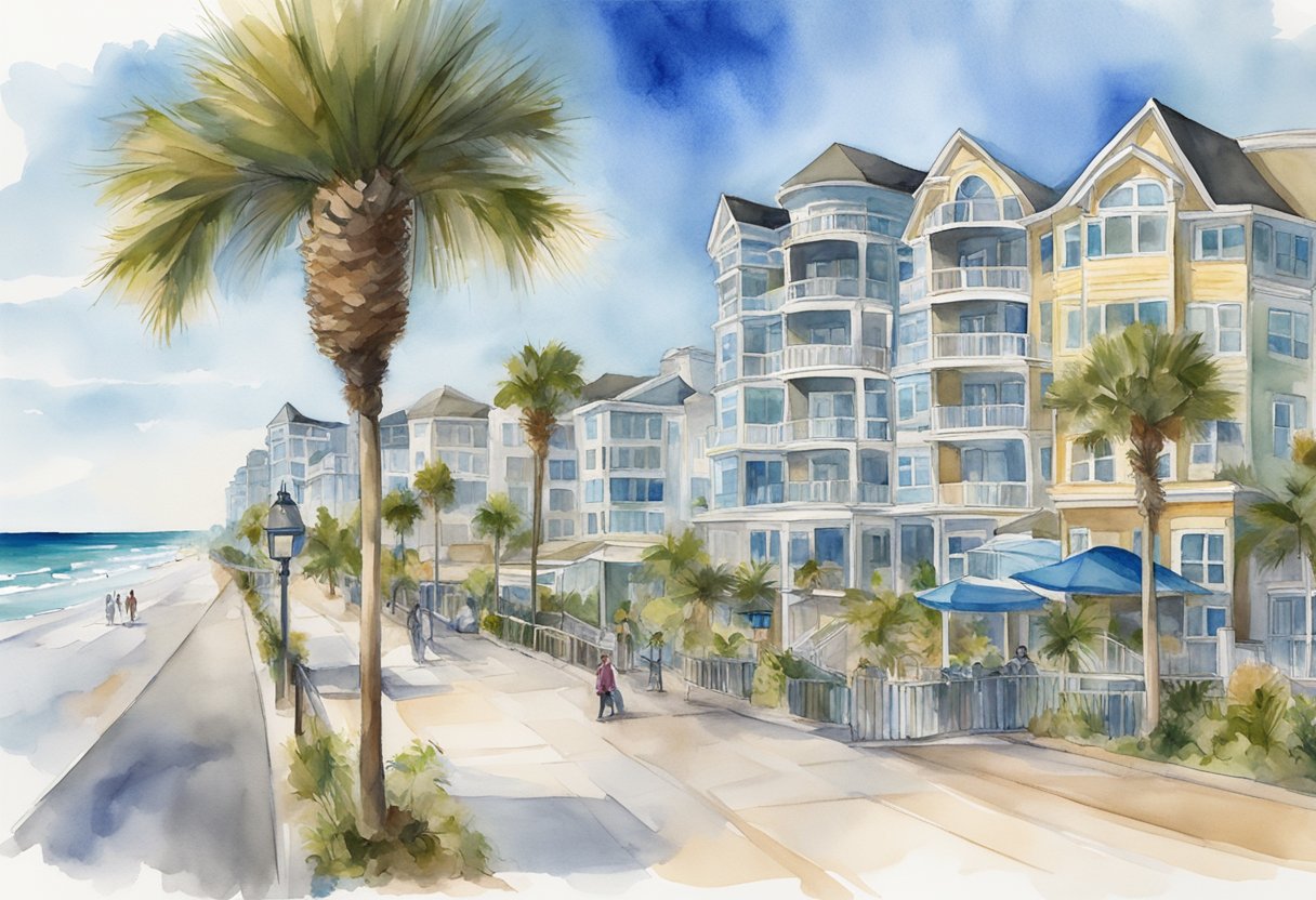 A sunny beachfront with palm trees, luxury condos, and bustling boardwalk. A real estate sign advertises "Invest in Myrtle Beach" with a backdrop of clear blue ocean waves