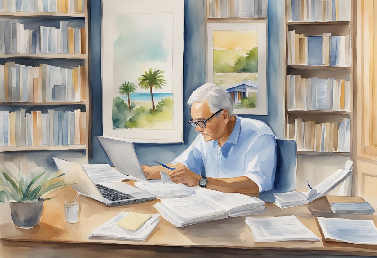 A person researching real estate options in Myrtle Beach, SC, surrounded by brochures, a laptop, and notes
