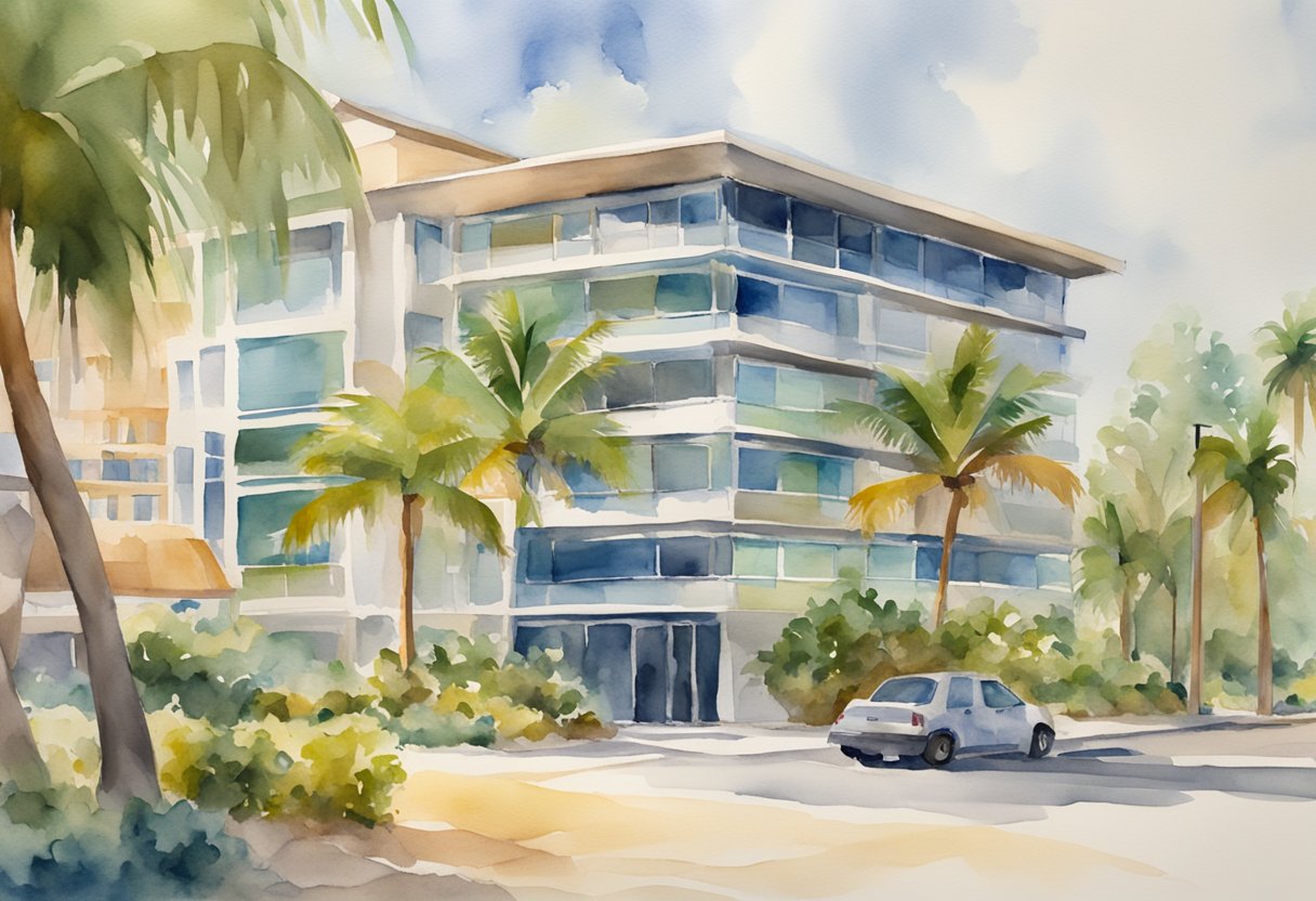 A sunny beach with palm trees, modern buildings, and a bustling real estate office with a "Frequently Asked Questions" sign