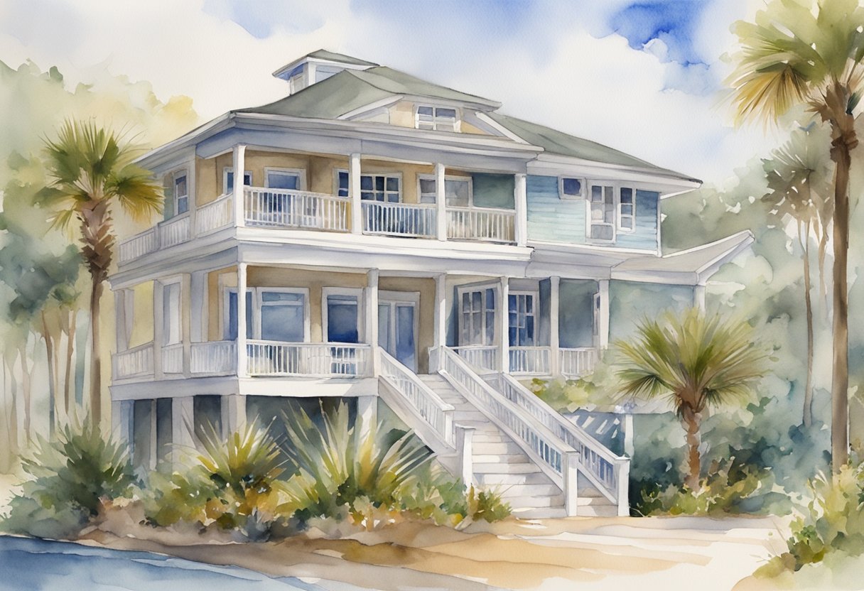 A luxurious beachfront property in Hilton Head, SC, with a "For Sale" sign and a bustling real estate market in the background