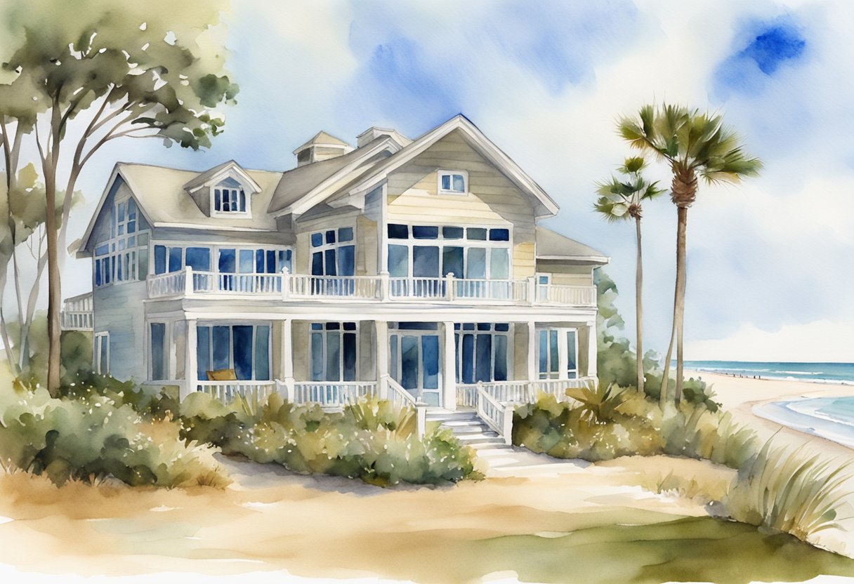 A beautiful beachfront property in Hilton Head, SC with a "For Sale" sign and a group of investors discussing real estate investment strategies