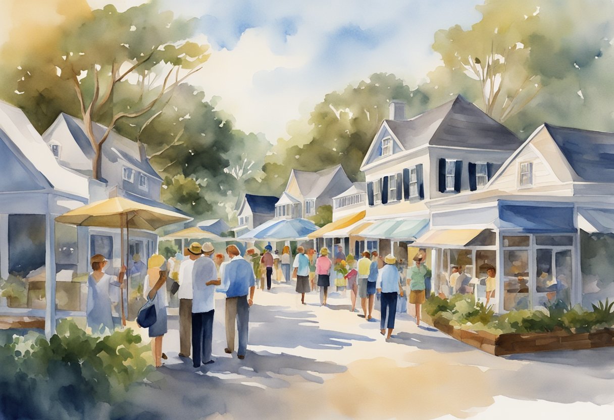 A bustling real estate market in Hilton Head, SC with professionals gathering and exchanging information on properties and market trends