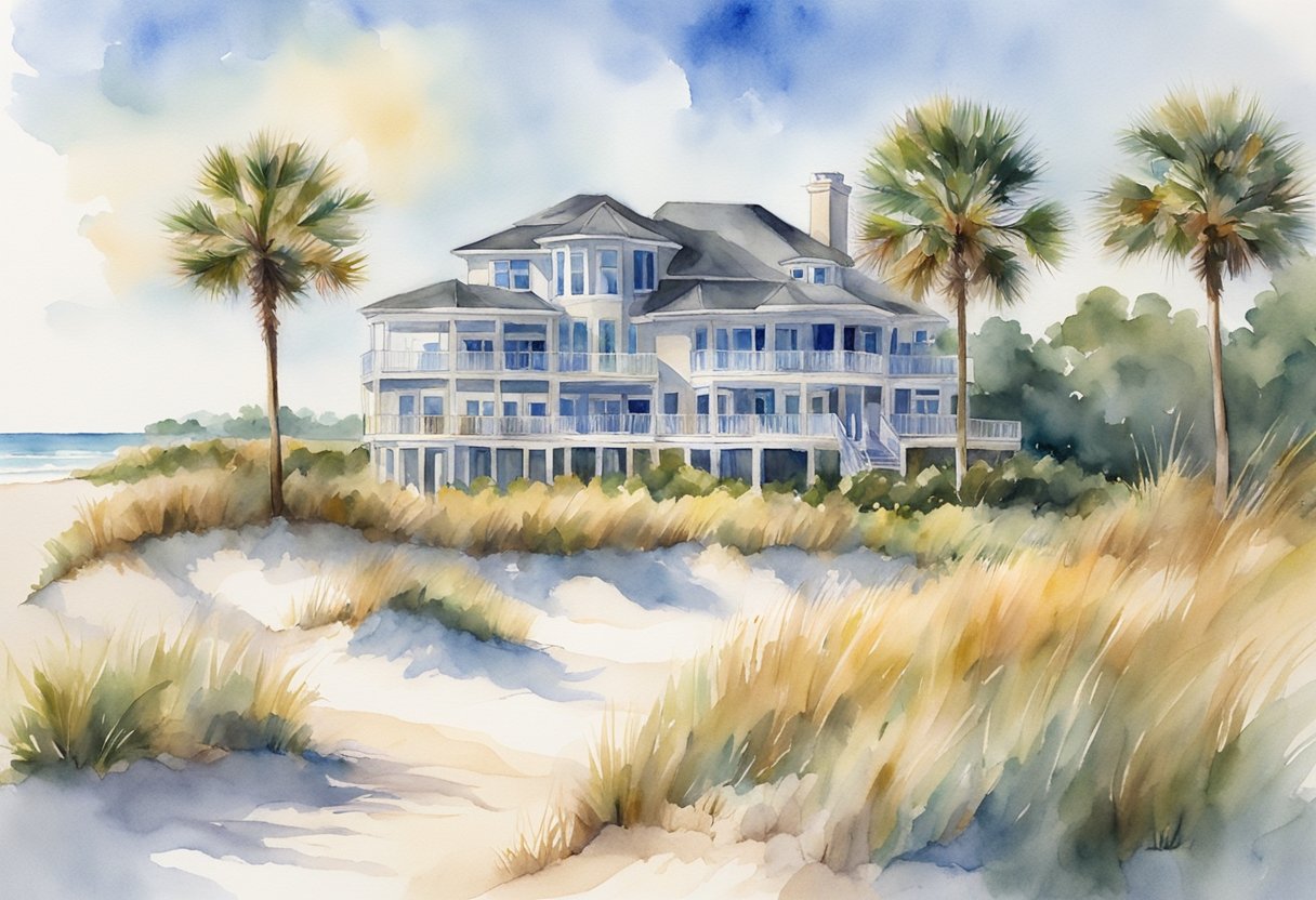 A sunny beachfront with palm trees, luxury homes, and a bustling real estate office in Hilton Head, SC