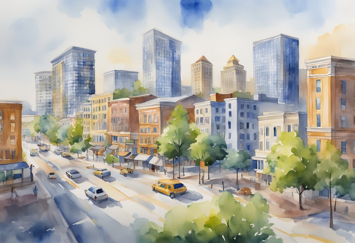A bustling cityscape in Columbia, SC with various real estate properties, including residential homes, commercial buildings, and apartment complexes. The skyline is dotted with construction cranes and vibrant signs of investment and development
