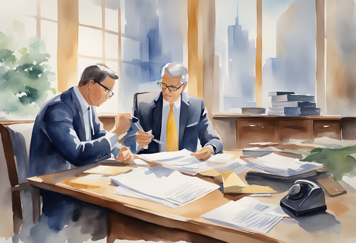 A lawyer reviews real estate contracts in an office, while a real estate agent negotiates a deal on the phone. Legal documents and property listings are spread out on the desk