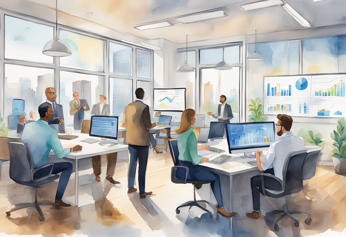 A group of professionals gather in a modern office, discussing real estate investment opportunities in Columbia, SC. Charts and graphs adorn the walls, while laptops and tablets are scattered across the table