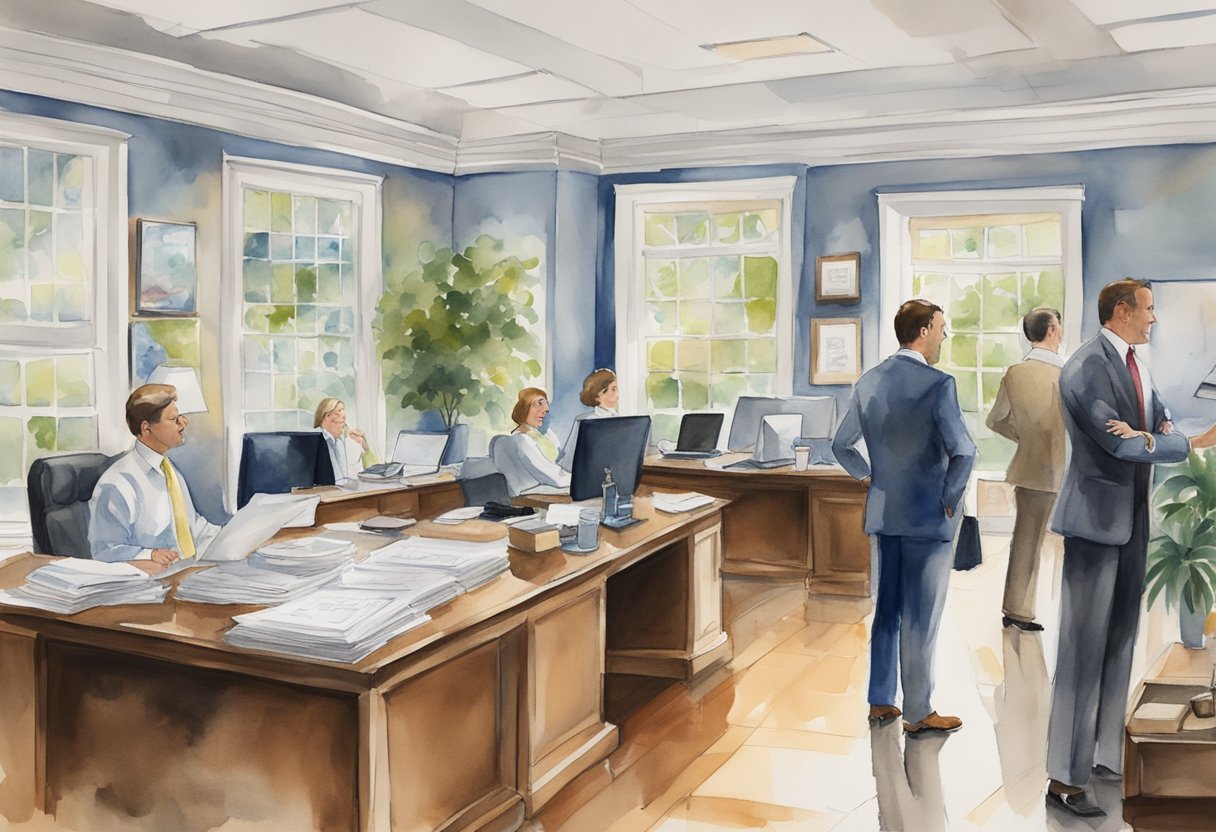 A bustling real estate office in Columbia, SC, with agents fielding questions from potential investors. Maps, charts, and brochures adorn the walls, showcasing the diverse properties available in the area