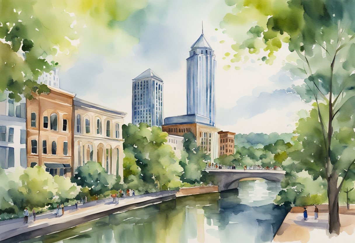 A bustling downtown Greenville, SC with modern skyscrapers and historic buildings, surrounded by lush greenery and a river flowing through the city
