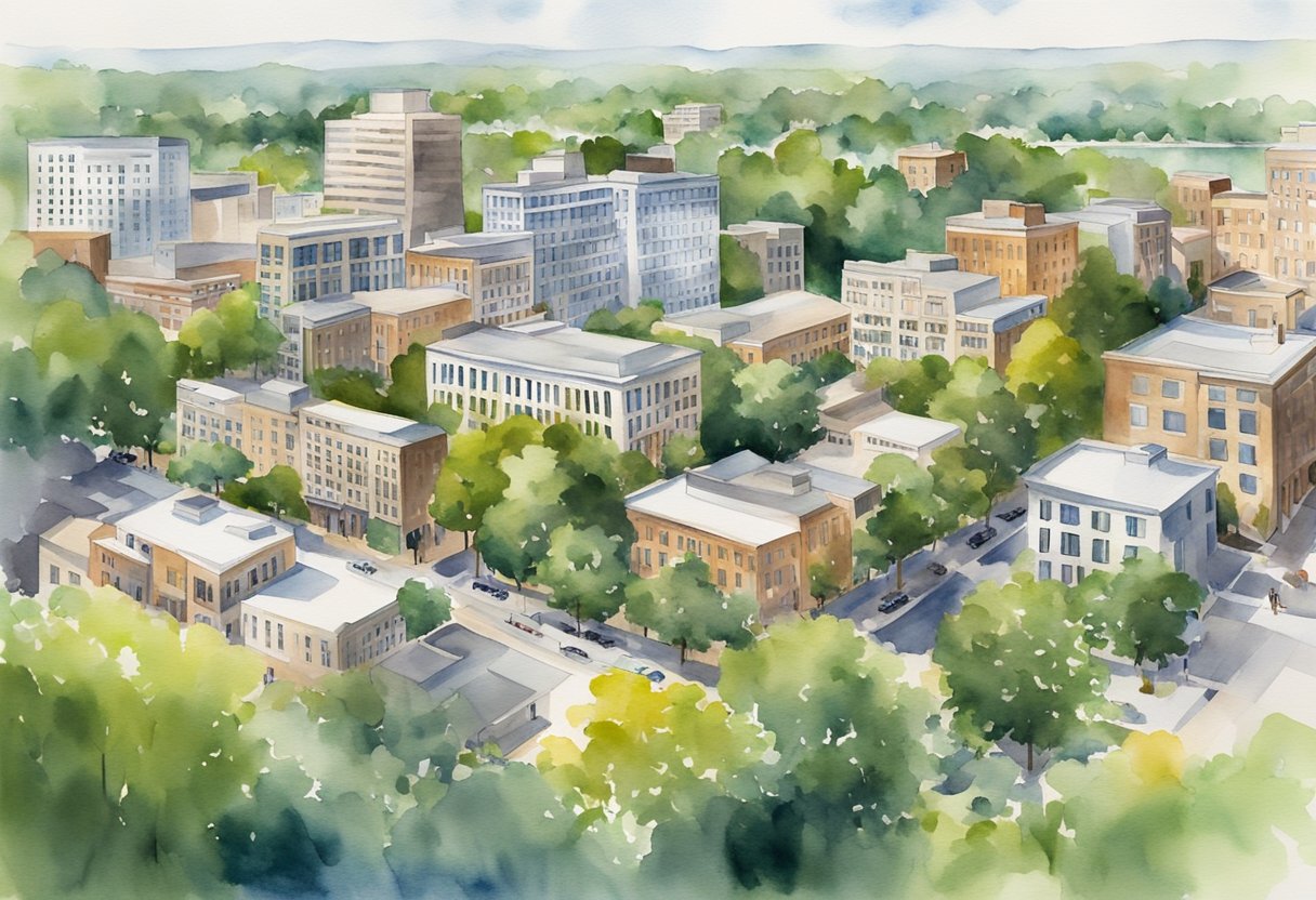 A bustling downtown Greenville, SC with modern high-rise buildings and historic homes, surrounded by lush greenery and a riverfront, showcasing various real estate investment opportunities and strategies