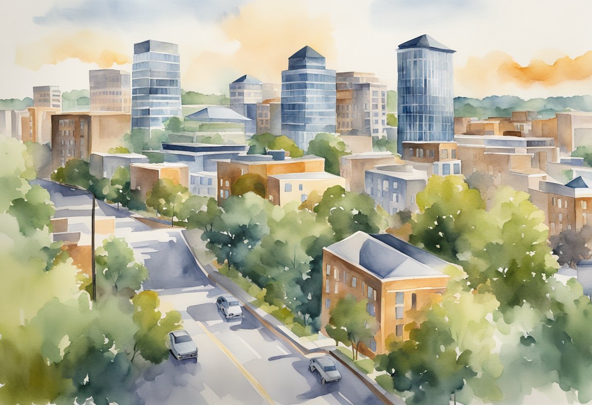 A bustling city skyline with modern high-rise buildings and suburban neighborhoods, showcasing the diverse real estate landscape of Greenville, SC
