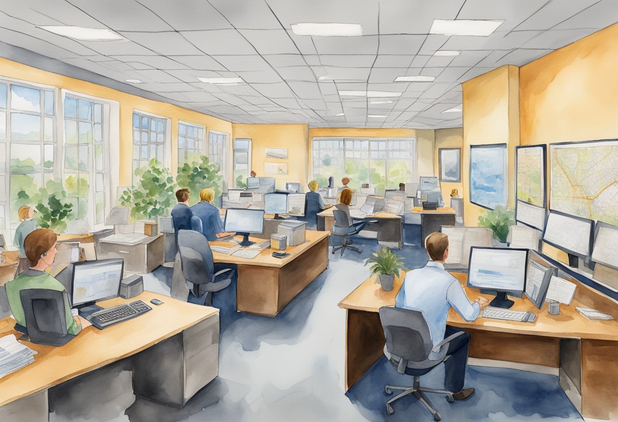 A bustling real estate office in Greenville, SC, with agents fielding questions from potential investors. Maps and property listings adorn the walls