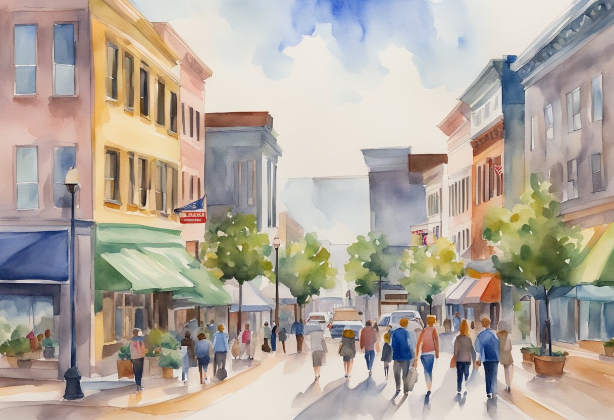 A bustling downtown scene in Spartanburg, SC with people visiting real estate offices and properties. Vibrant signs and modern buildings fill the skyline