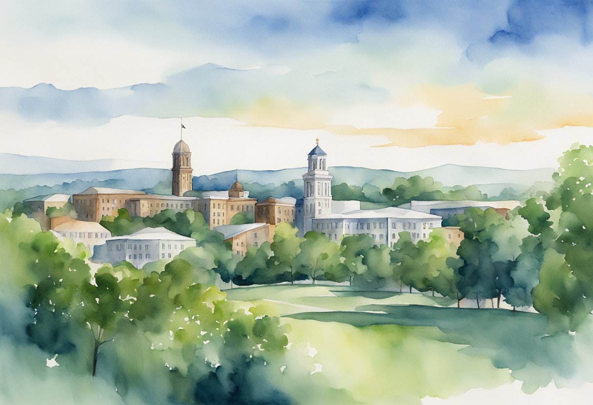 The skyline of Spartanburg, South Carolina, with a mix of historic and modern buildings, surrounded by lush greenery and rolling hills