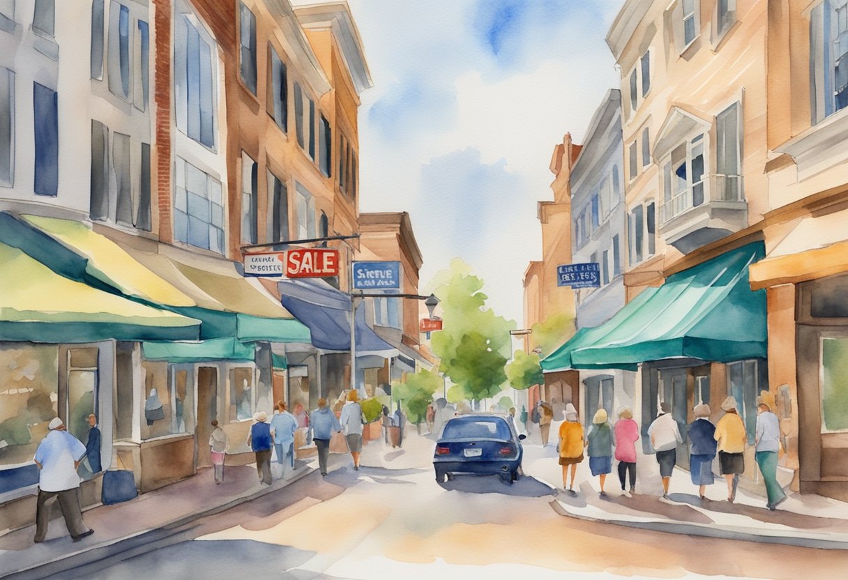 A bustling downtown street in Spartanburg, SC showcases various properties with "For Sale" signs, while investors and real estate agents discuss potential opportunities