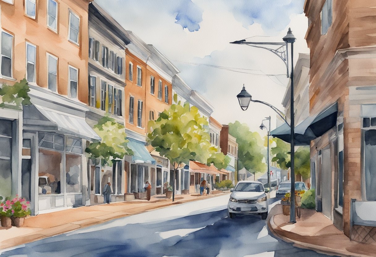A bustling downtown street in Spartanburg, SC, with various real estate properties, including commercial buildings and residential homes. The scene exudes potential for investment and growth