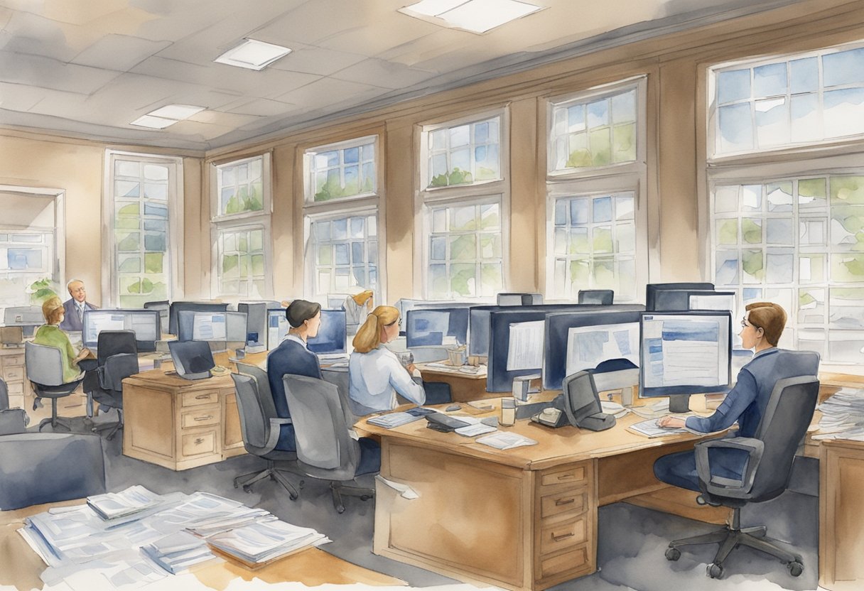 A bustling real estate office in Spartanburg, SC, with agents fielding questions from potential investors. Maps, brochures, and computer screens are scattered across desks