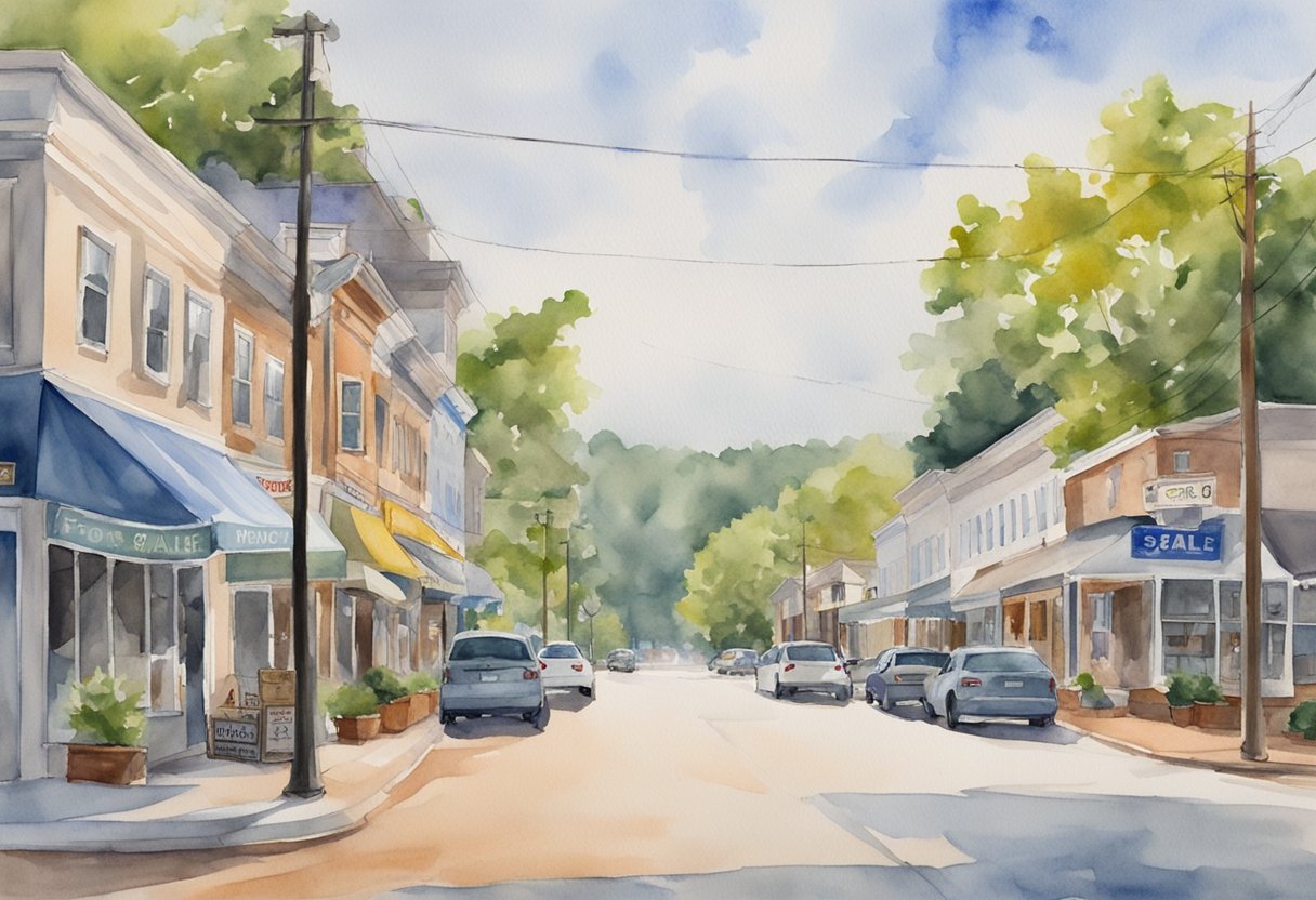 A bustling street in Greenwood, SC with "For Sale" signs on various properties, a mix of residential and commercial buildings, and a sense of opportunity in the air
