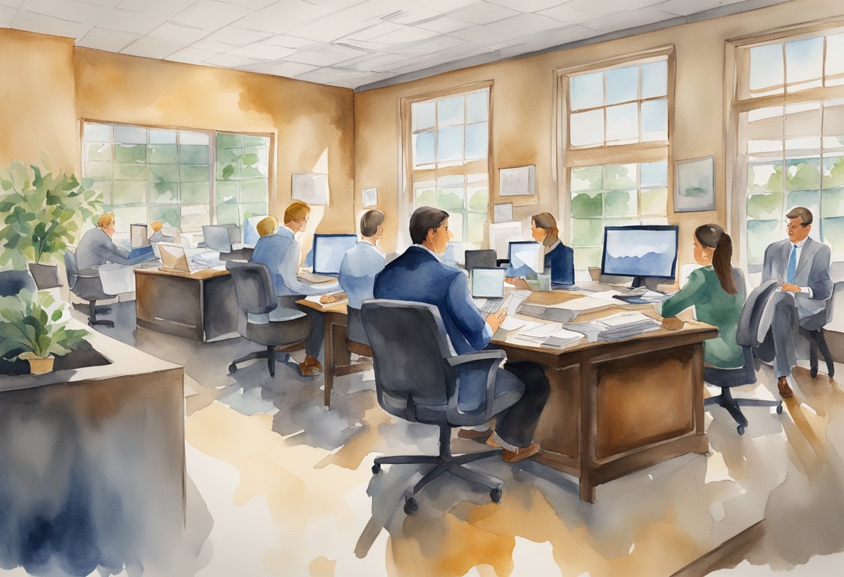 A bustling real estate office in Greenwood, SC, with agents discussing investment strategies and analyzing property data