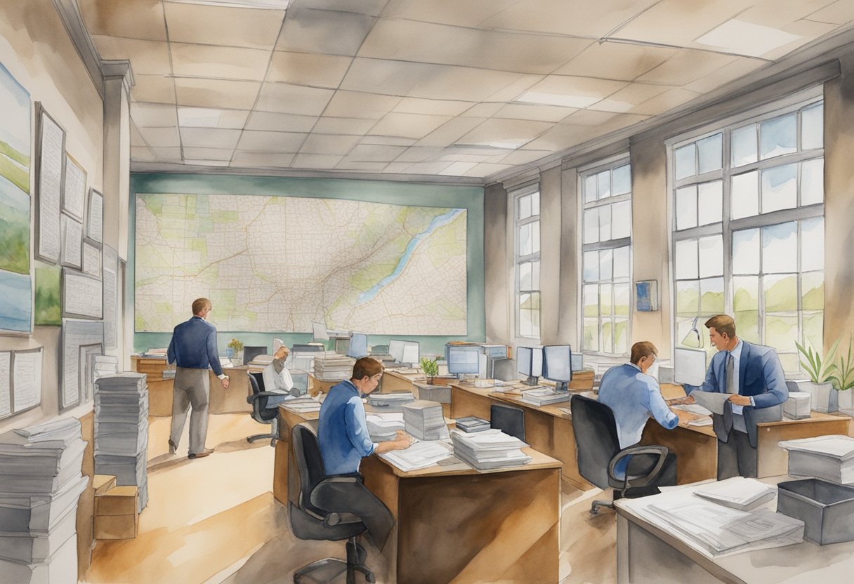 A bustling real estate office in Greenwood, SC, with charts, graphs, and paperwork spread across desks. A large map of the area hangs on the wall, highlighting potential investment properties