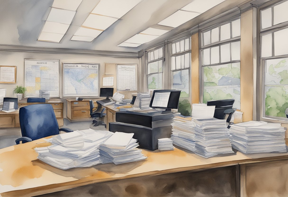 A busy real estate office in Greenwood, SC, with stacks of legal documents and regulatory guidelines on the desk. A map of the area hangs on the wall, while a computer screen displays property listings