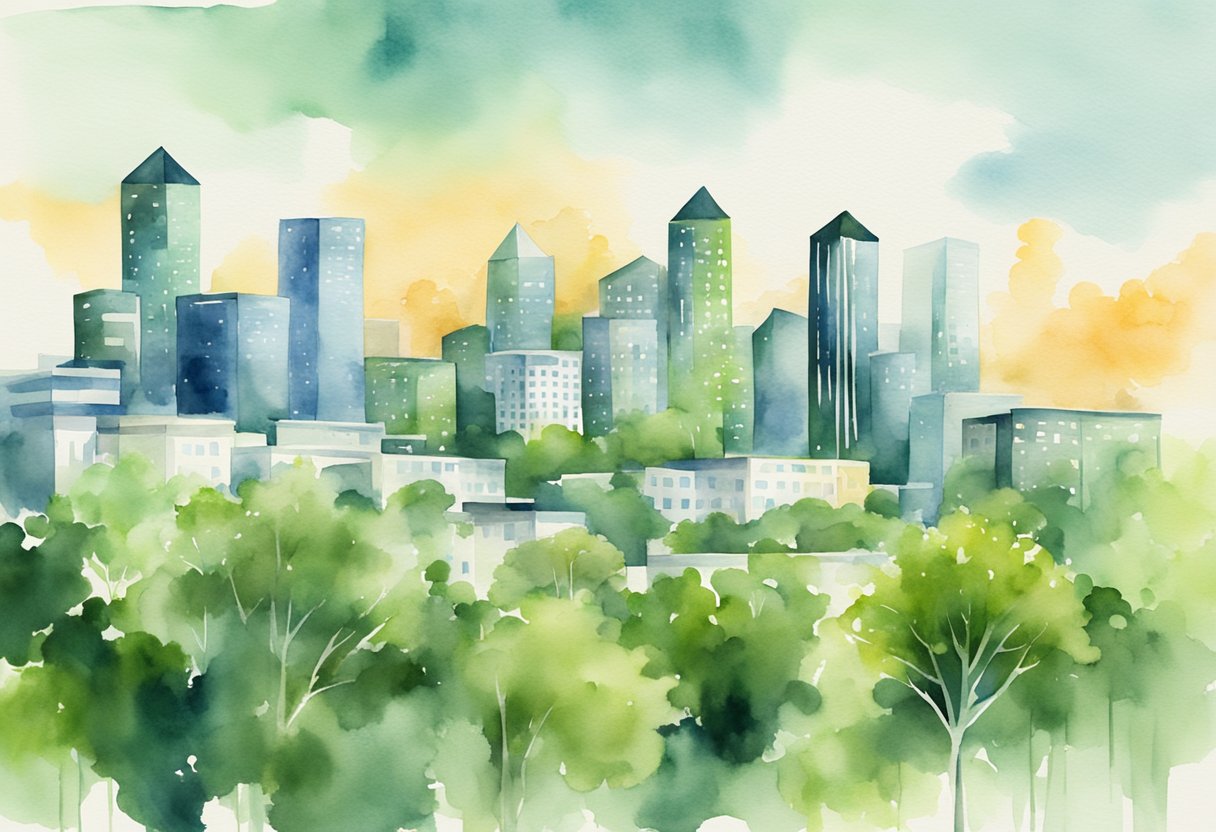 A bustling city skyline with modern buildings and green spaces, showcasing the integration of industry resources in real estate investing in Greenwood, SC