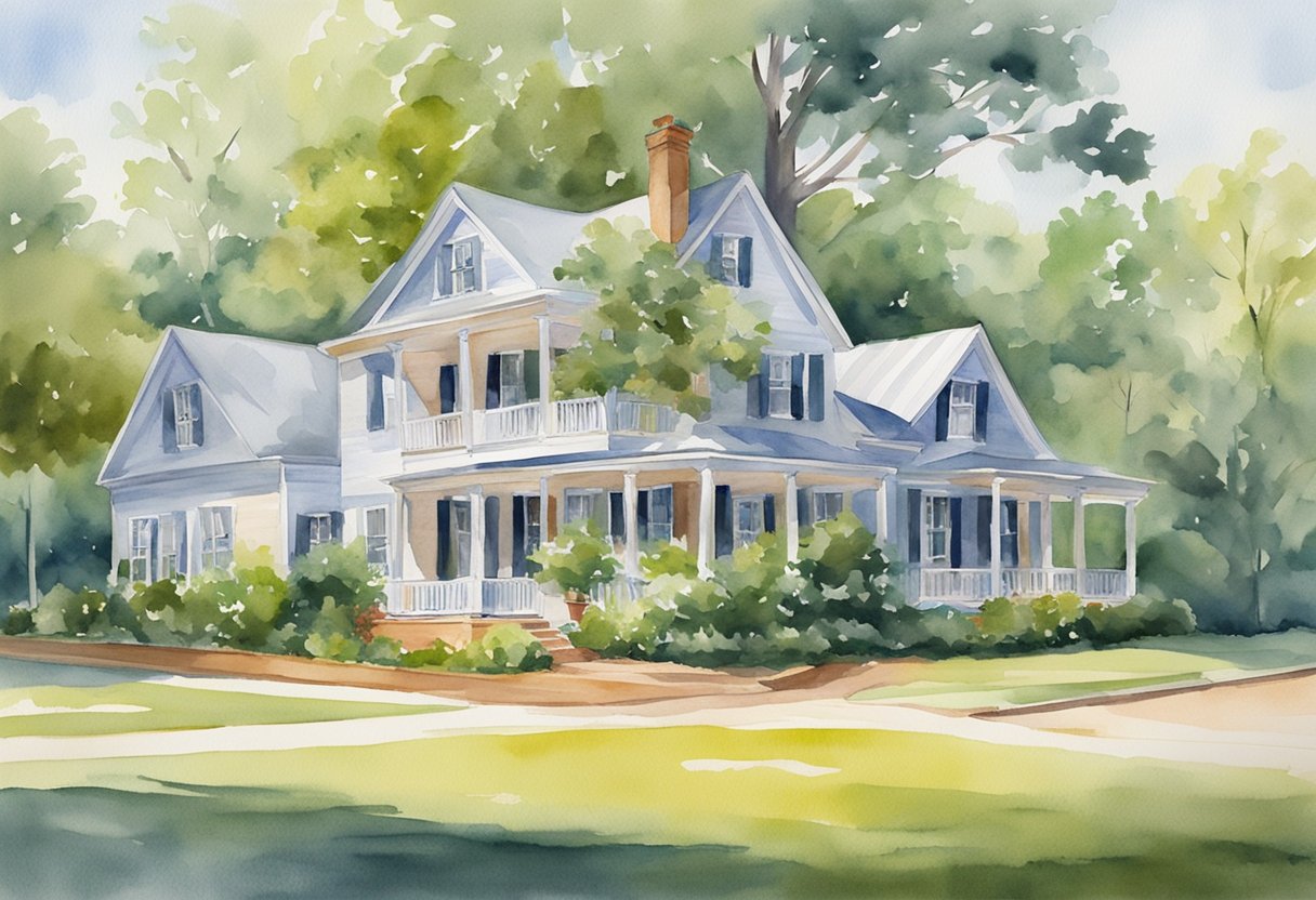 A sunny day in Greenwood, SC, with lush greenery and charming homes. A real estate sign points to investment opportunities