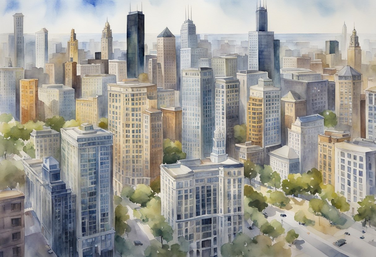 A bustling cityscape of Chicago, with high-rise buildings and iconic architecture, surrounded by a mix of urban and suburban neighborhoods, showcasing the diverse real estate opportunities in the area