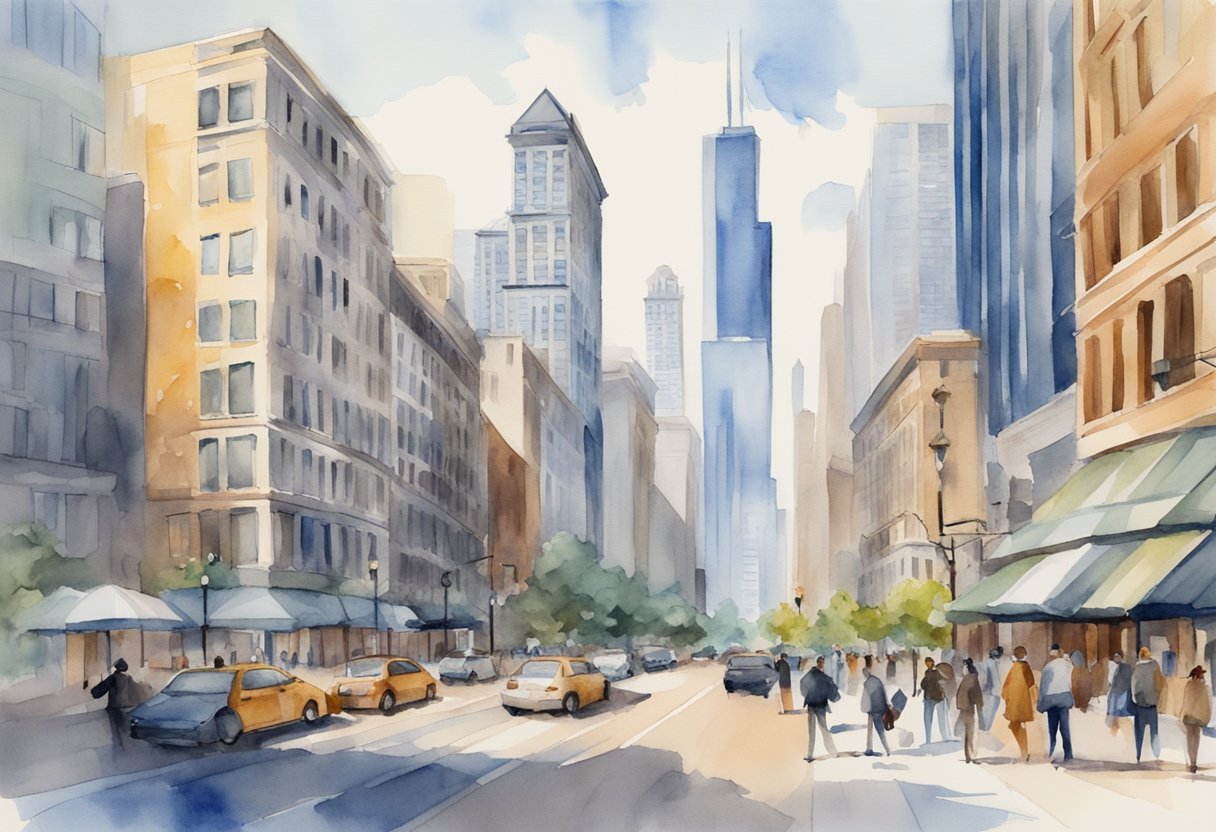 A bustling urban landscape in Chicago, IL, with diverse demographic groups and various economic activities affecting real estate investment