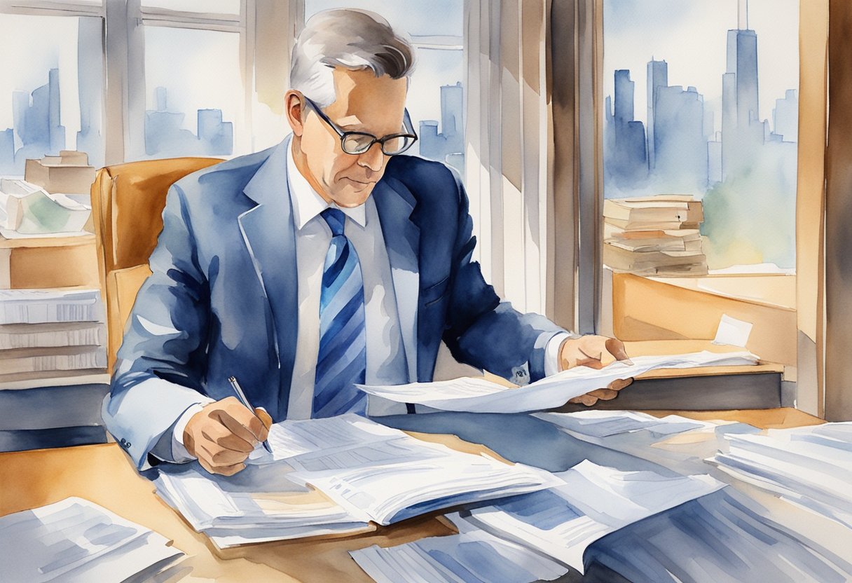 An investor reviews legal documents while examining financial reports for Chicago real estate