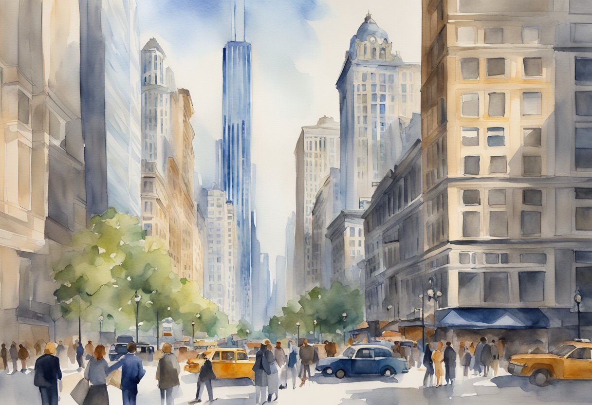 A bustling cityscape with iconic Chicago architecture, a mix of modern skyscrapers and historic buildings. A diverse group of people engaging in real estate discussions