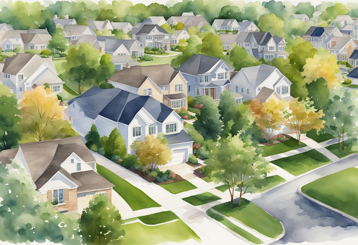 A suburban Naperville neighborhood with diverse homes and well-maintained lawns, surrounded by local amenities and schools