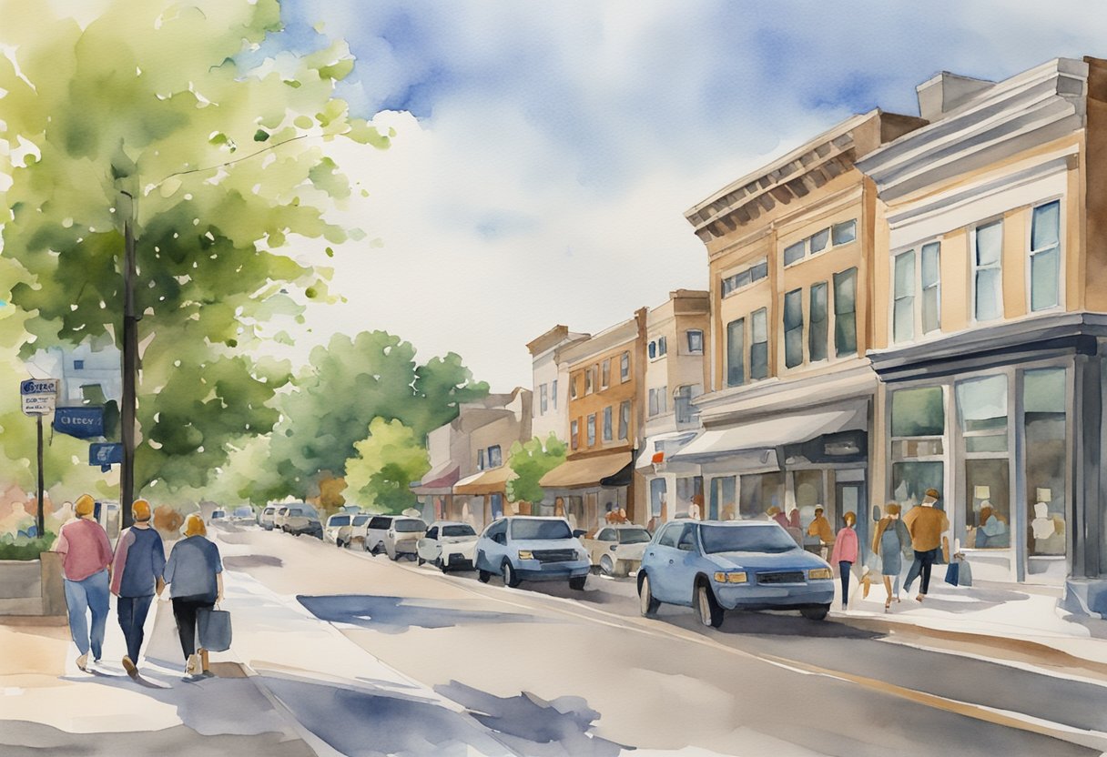 A bustling street in Naperville, IL with a mix of residential and commercial properties. Signs for real estate offices and investment firms line the sidewalk, while people walk by discussing financial opportunities