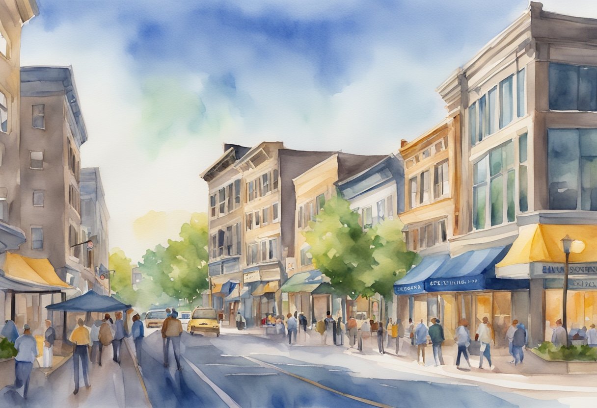 A bustling downtown Naperville with real estate signs, investors networking, and buildings under construction