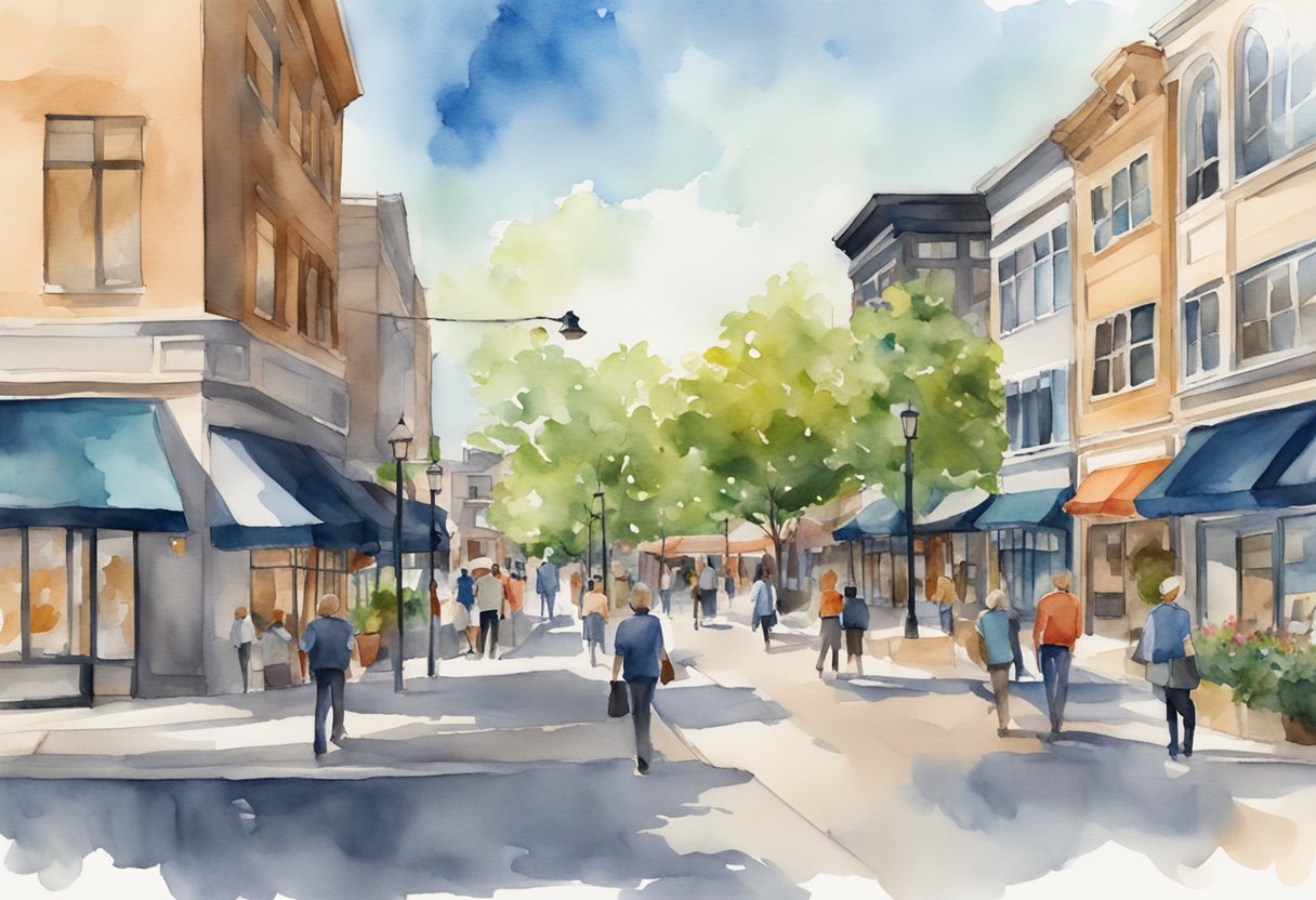A bustling downtown Naperville with modern buildings and busy streets, showcasing the vibrant real estate investing scene in Naperville, IL