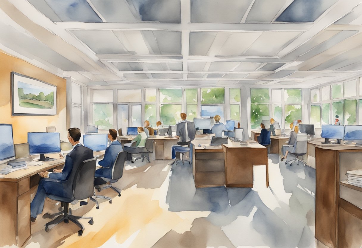 A bustling real estate office in Naperville, IL with agents fielding questions from potential investors. Maps and property listings cover the walls, creating a sense of opportunity and possibility