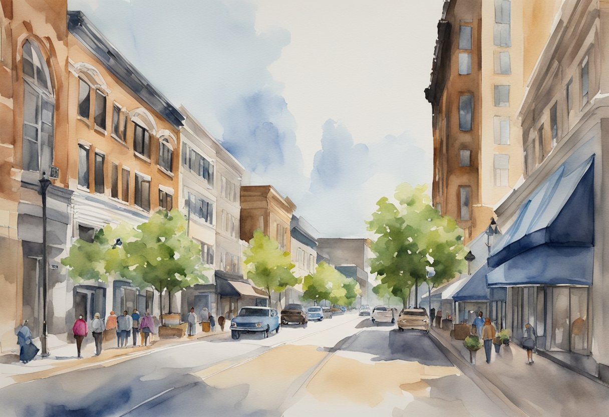 A bustling downtown street in Rockford, IL, with a mix of historic and modern buildings, showcasing the diverse real estate opportunities in the city
