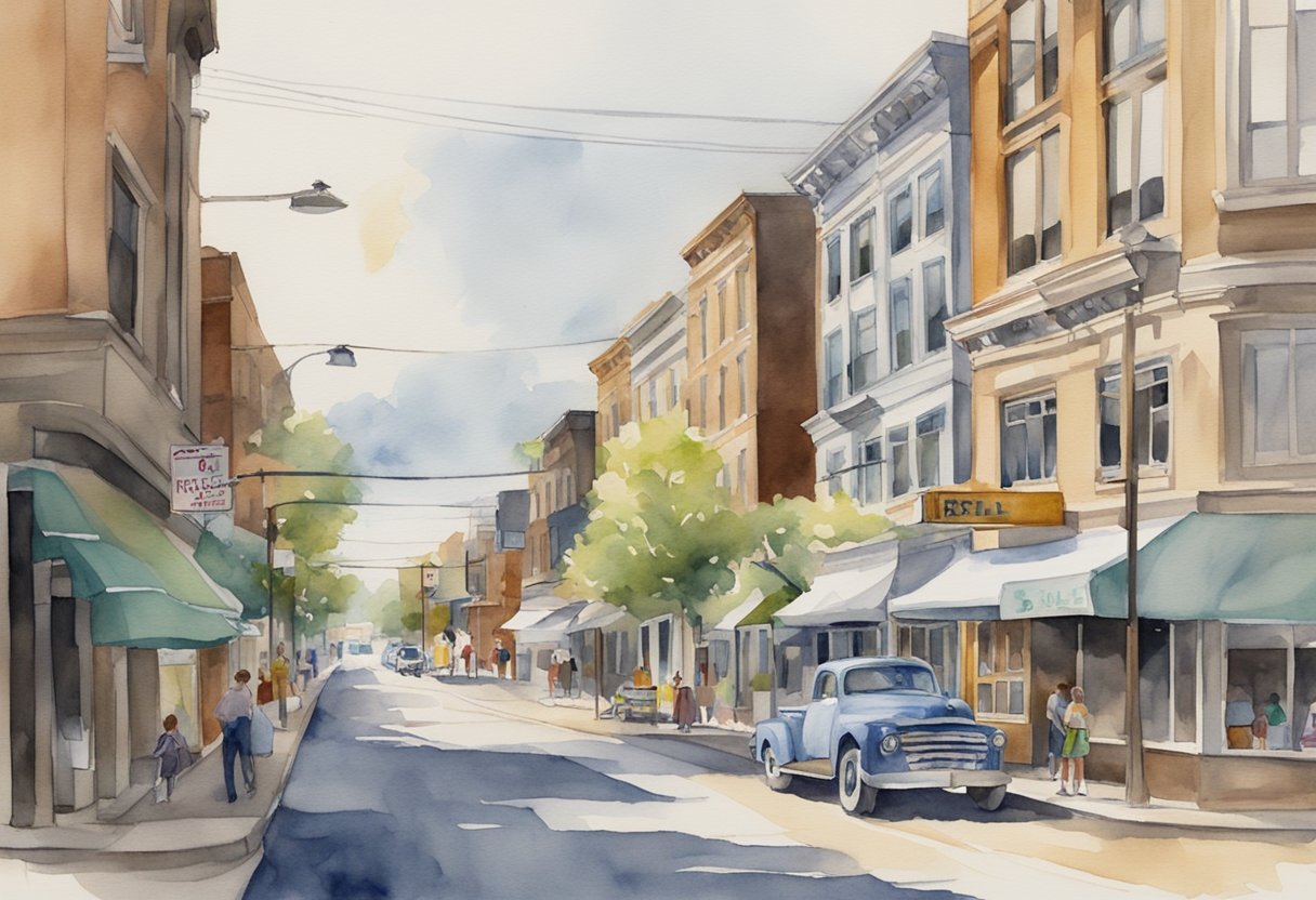 A bustling Rockford street with "For Sale" signs, diverse architecture, and a mix of residential and commercial properties