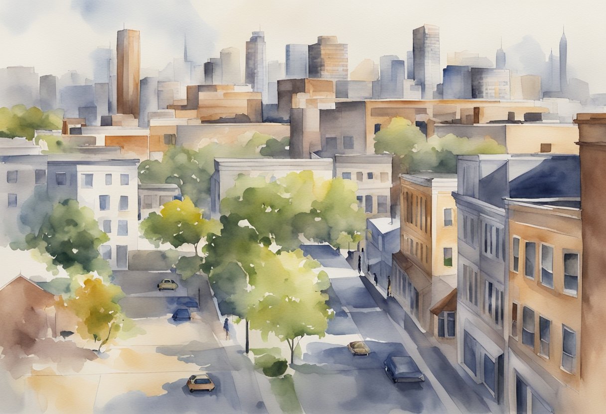 A bustling city skyline with various types of real estate properties, including residential homes, commercial buildings, and industrial warehouses in Rockford, IL